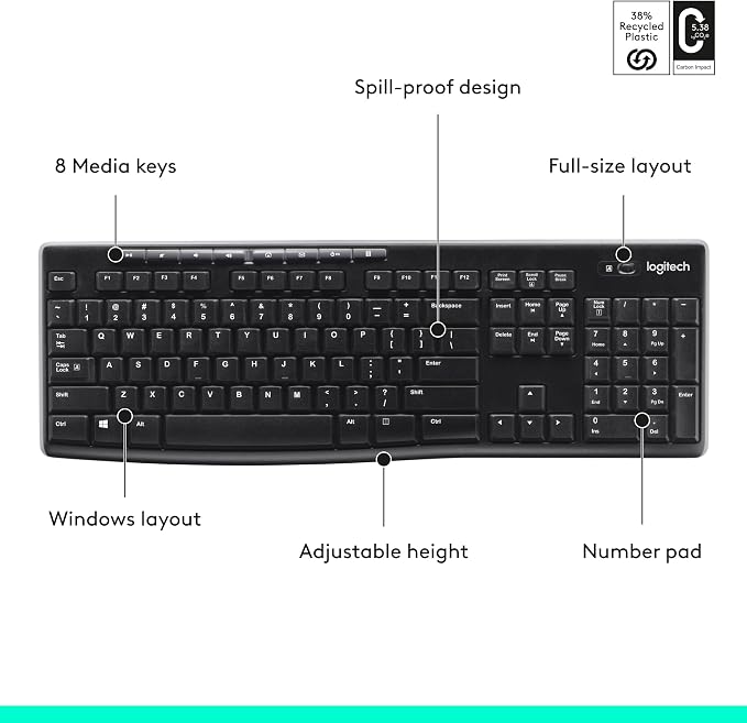 Logitech K270 Full Size Wireless Keyboard for Windows - Black | Full-size keyboard with number pad, 8 multimedia keys, includes USB-A receiver, 2-year battery, compatible with PC, laptop - Image 7