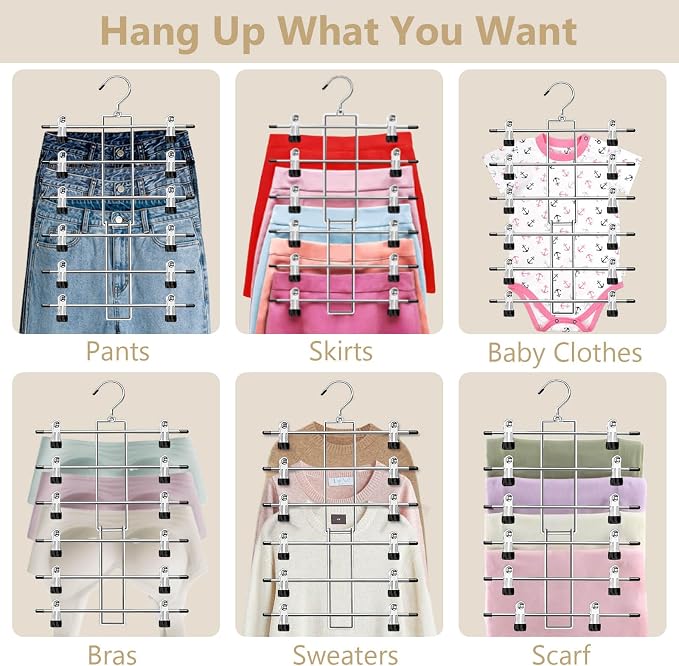 Pants Hangers with Clips,Space Saving Hanging Closet Organizer-6 Tiers Skirt Hangers with 360° Swivel Hook,Closet Organizer-Clothes Hangers- College Dorm Essentials Apartment Essentials- 6 Pack - Image 4
