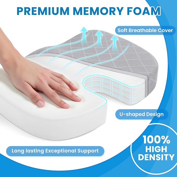 Memory Foam Office Chair Seat Cushion - Light Grey, X-Large | for Car Seat, Airplane, Desk Chair - Sciatica & Hip & Coccyx Pain Relief Cushion for Long Sitting Office Workers, Car Drivers - Image 3