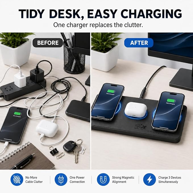 3 in 1 Magnetic Wireless Charger Pad for iPhone 17/16/15/14/13/12 Series, Fast Wireless Charging Station for AirPods 4/3/2 Pro, Raised Charging Pods Design, Magnetic Charging Mat with 24W Adapter - Image 8