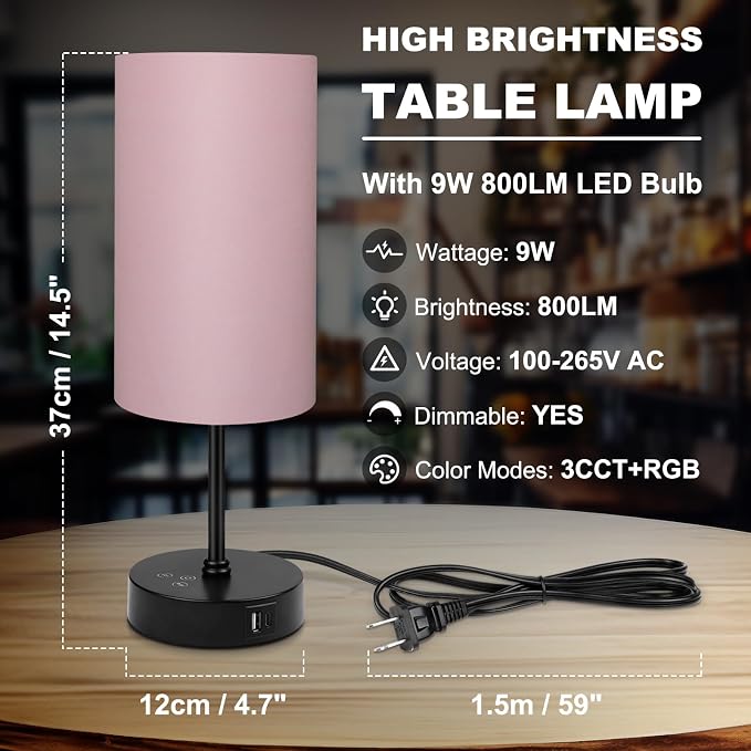 Table Lamp for Bedroom, 3 Color Temperatures, 7 RGB Colors, Adjustable Brightness, Dual USB Charging Ports, Ambience Nightstand Light with Pink Shade, Desk Lamp for Kids Reading Home Office - Image 7
