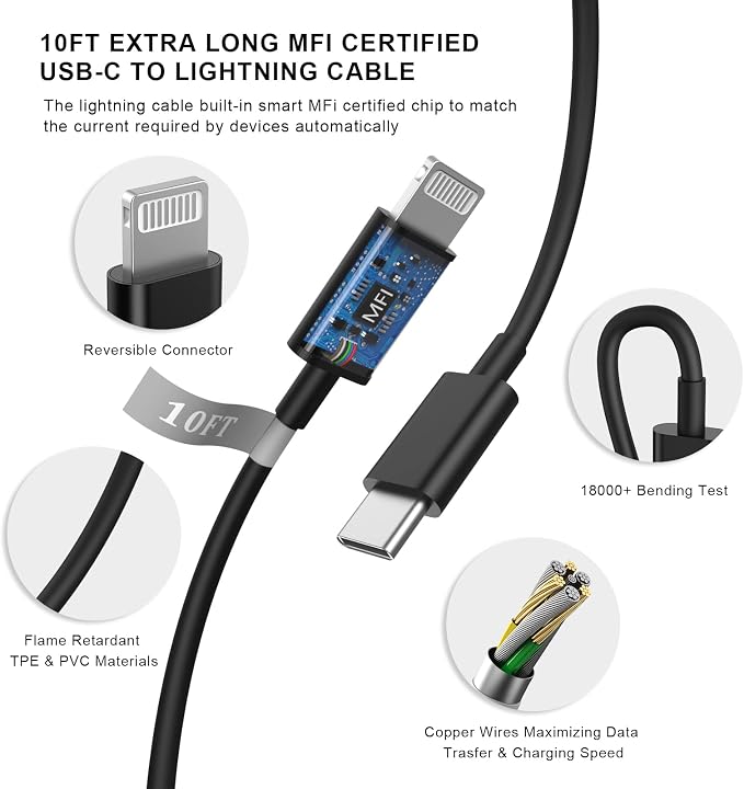 iPhone 14 13 Charger Fast Charging 10 FT, 20W USB C Charger Block & Cable | [Apple MFi Certified] 20W Type C Wall Charger & 10FT Long USB C to Lightning Cable for iPhone 14 13 12 11 Pro Max XS XR X 8 7 - Image 6