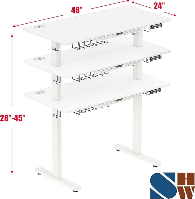 SHW 48-Inch Electric Height Adjustable Standing Desk w/Drawer, White | w/ Memory Presets and Cable Management | Drawer with adjustable compartments | Hanging Hooks - Image 3