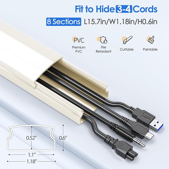 Yecaye TV Cord Hider, 125in Cord Cover, W1.18in H0.6in, Beige | Large Cable Hider, Wire Covers for 4 Cords, Cable Raceway Wire Hiders for TV on Wall, Cable Cover Cord Concealer - Image 2