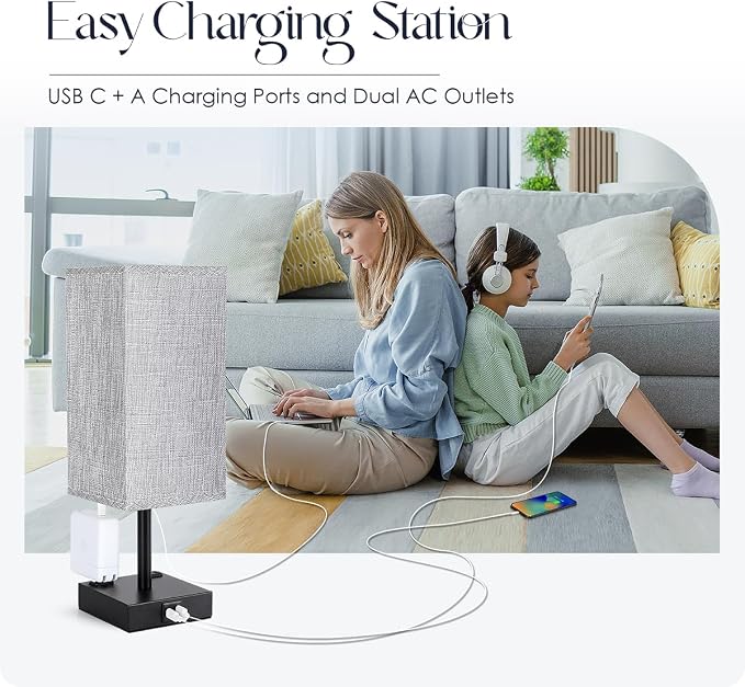 Bedside Table Lamps Set of 2 - Touch Nightstand Lamp for Bedroom with USB C+A Charging Ports & AC Outlets, 3-Way Dimmable Desk Lamp Grey Fabric Shade for Bedroom Living Room, Office(Bulb Included) - Image 7