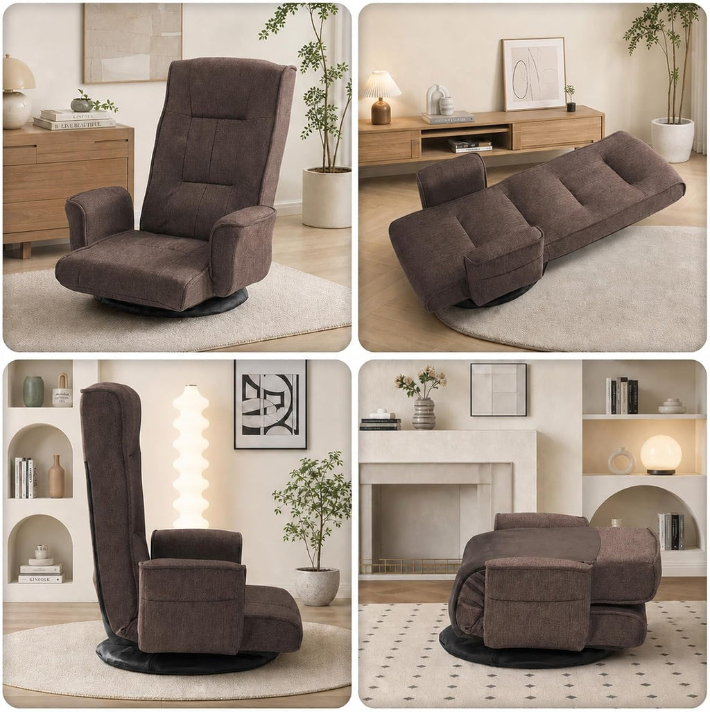 360° Swivel Floor Chair, Adjustable Reclining Floor Gaming Chair with Armrests, Linen Fabric Folding Lazy Sofa Chair, Multi-Position Floor Prayer Chair for Meditation Reading Napping, Brown - Image 7