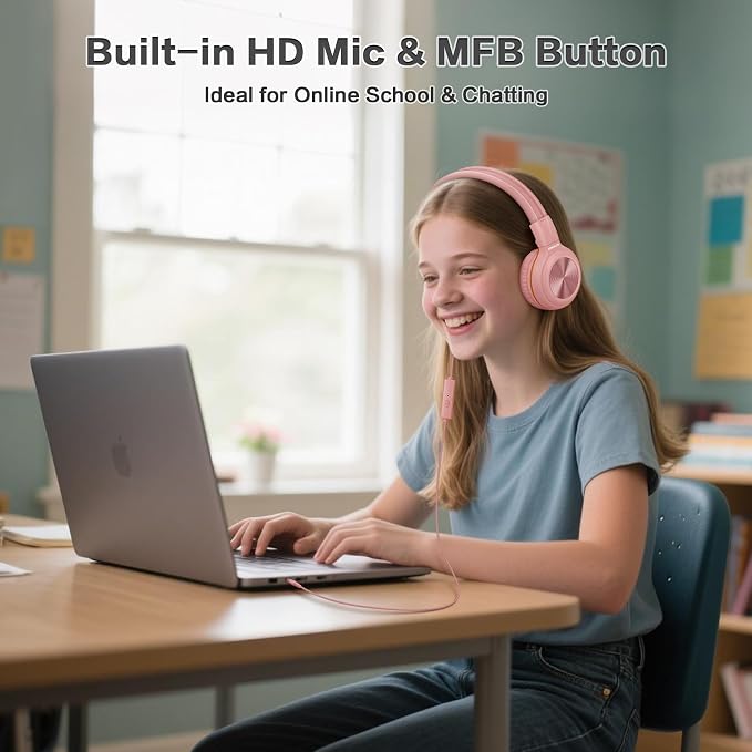 SIMOLIO Manyshare Series- Wired Headphones with Mic & Share Port, Volume Limited, Noise Isolating, Durable Plug in Headphones with Portable Pouch for Kids Girls, School, Travel, Laptop, Tablet (Pink) - Image 3
