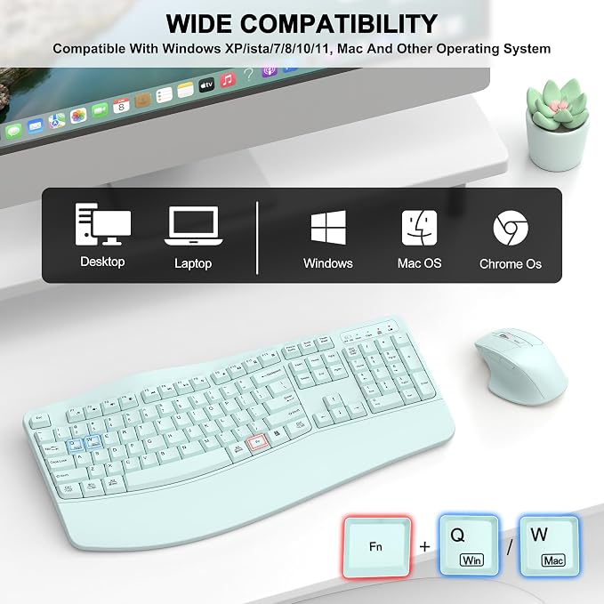 Wireless Keyboard and Mouse Combo, 2.4G Ergonomic Wave Key(Mint Green) | Full Size Wave Keyboard with Wrist Rest, 3-Level DPI Adjustable Ergonomic Mouse for Windows and Mac OS Desktop/Laptop/PC - Image 7