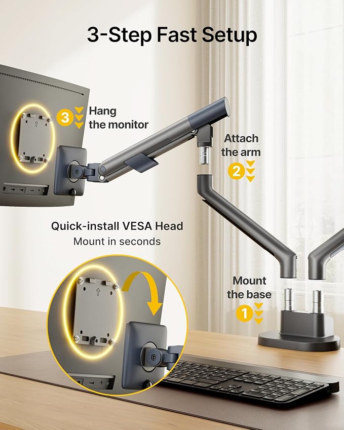 monTEK Aluminum Dual Monitor Arm for 17-35" Screens, 24.3 lbs Each, Gray | Mechanical spring, tension indicator, full motion, VESA 75/100 compatibility, clamp/grommet bases and cable routing - Image 7