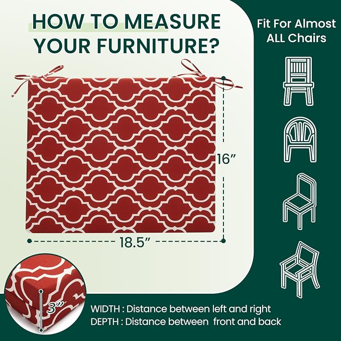 HARBOREST Outdoor Chair Cushions Set of 4, Water Resistant Patio Chair Cushions with Ties, Square Corner Outdoor Seat Cushions for Patio Furniture, 18.5"x16"x3", Wine Red Geometry - Image 6