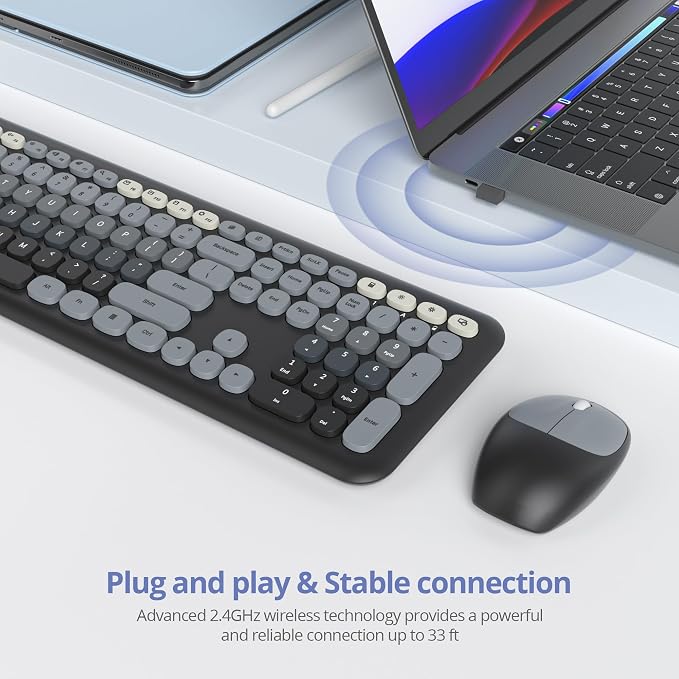 surmen Cute Keyboard and Mouse Wireless, Full-Size Retro Typewriter Wireless Silent Colorful Keyboard Low-Noise 2.4GHz for Home and Office (6-Gradient Dark) - Image 2
