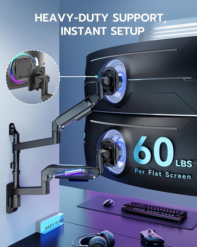 ARES WING Dual Monitor Wall Mount for 24-57 Inch Ultrawide Screen, Black | Premium Heavy Duty Gaming Monitor Arm for 60 lbs, Full Motion Gas Spring, Bearing Head for Easy Adjustment, 75/100 VESA Mount - Image 3