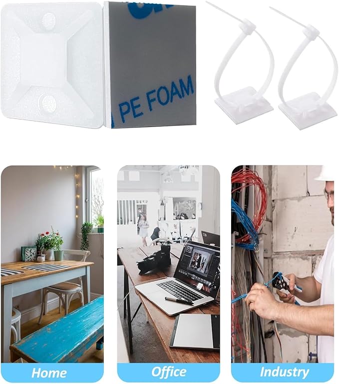 Strong Back-Glue Self Adhesive Cable Zip Tie Mounts Kit - 100 Set Cable Management Clips with 6" Zip Ties, Wire Holders - Outdoor Sticky Wire Organizer Clips - White - Image 3