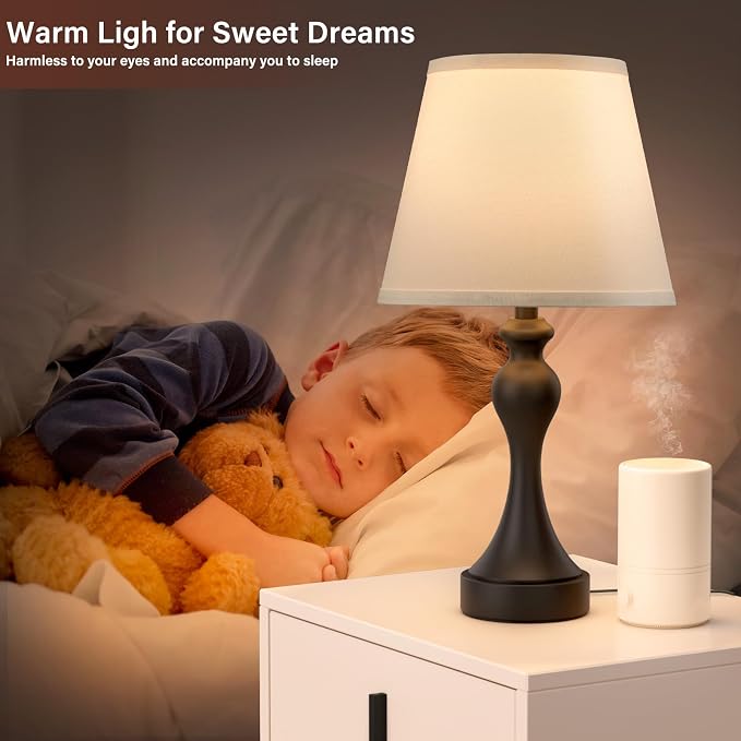 Touch Lamps for Nightstand, 3 Way Dimmable Bedside Lamps with USB C+A Ports | Touch Control, LED Bulb Included, Small Black Table Lamp for Bedroom, Night Stands, End Table, Gift，Corded，White Shade - Image 5