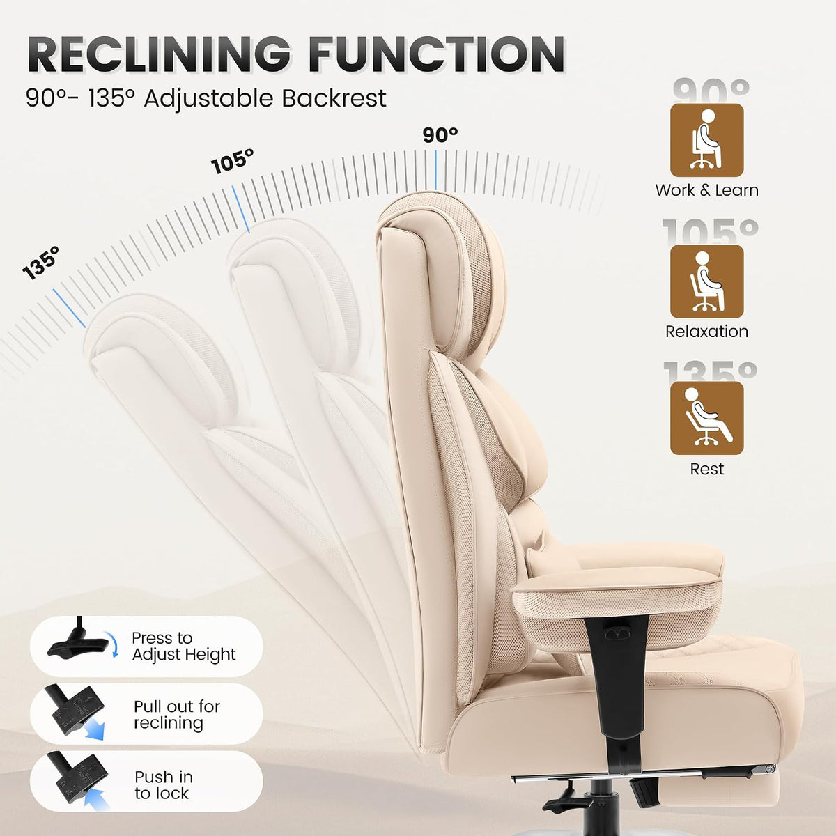 Office Desk Chair, Big and Tall Leather Gaming Chair with Footrest, Wide Ergonomic Comfy Executive High-Back Reclining Computer Chairs, Swivel Rolling Wheels and Padded Lumbar Support, Beige - Image 6