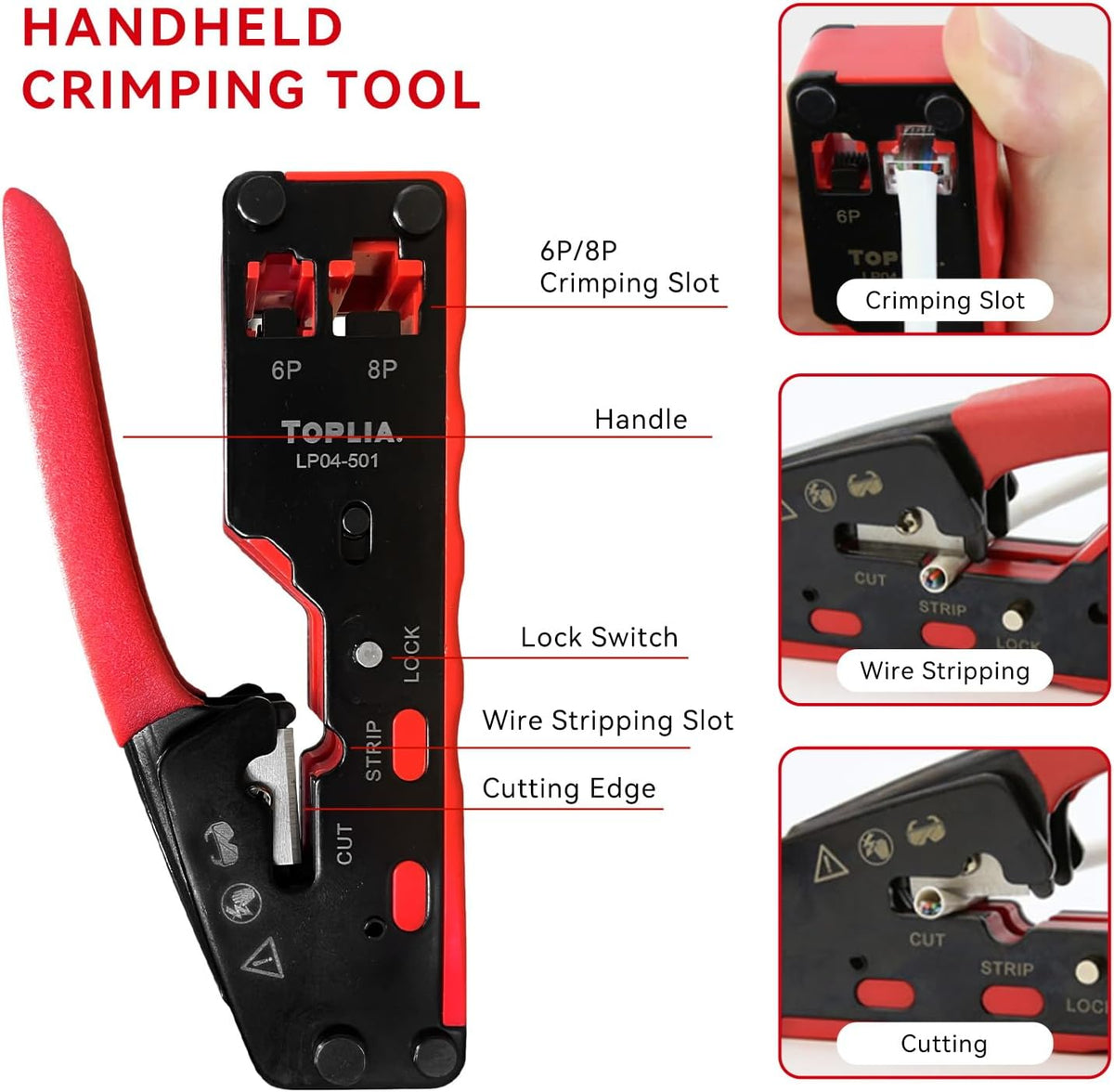 Vertical Network RJ45 Crimping Tool Kit Ethernet Crimp Tool Cable Crimper for RJ11/RJ12 Standard, RJ45 Pass Through Connectors - Image 3