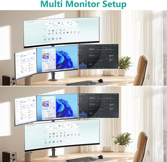 WALI Stacked 4 Monitor Mount for 49" UItrawides and Three 27" Monitors | Tall Quad Monitor Stand up to 44 lbs，Full Motion with Tilt, Swivel, C-Clamp & Grommet Base, VESA 75/100mm (M004S-P), Black - Image 4