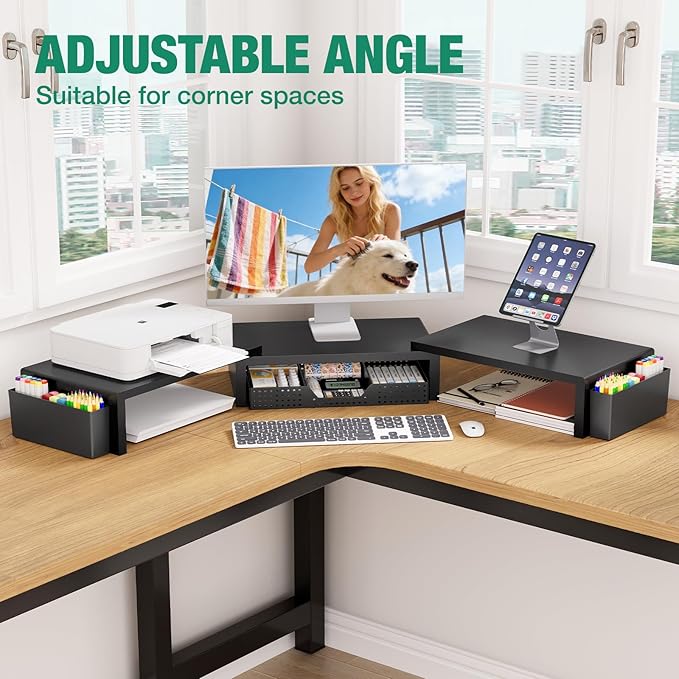 Desk Organizer and Accessories, Dual Computer Monitor Stand Riser with Drawer and 2 Pen Holders, Laptop Stand, Office Desk Accessories for Office Supplies, Black - Image 4