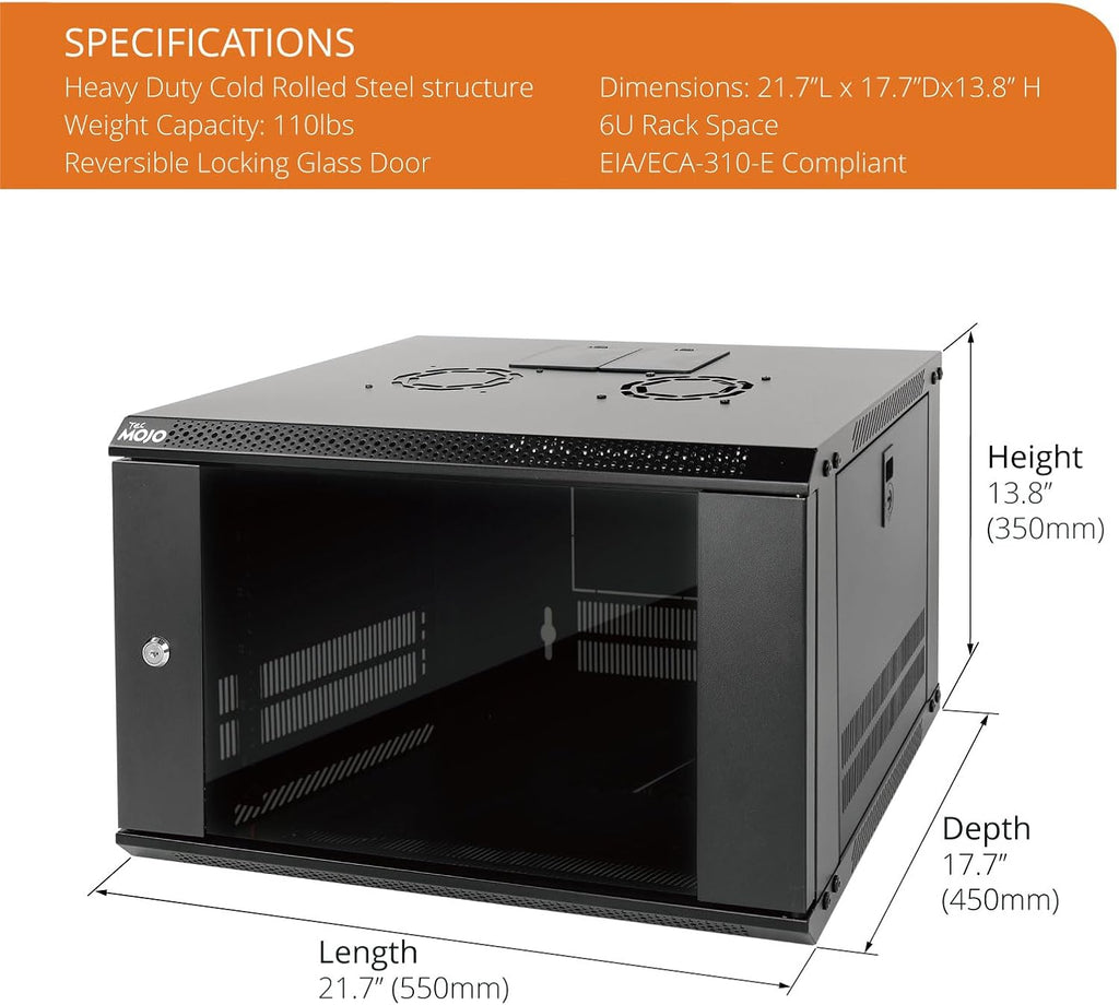 Tecmojo 6U Wall Mount Server Cabinet IT Network Rack Enclosure Lockable Door and Side Panels Black, Cooling Fan, Standard Glass Door, 450mm Depth, for 19” IT Equipment, A/V Devices - Image 2