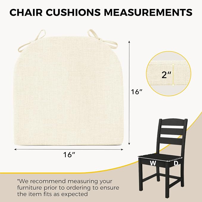downluxe Indoor Chair Cushions for Dining Chairs, Foam Kitchen Chair Pads with Ties and Non-Slip Backing, 16" x 16" x 2", Beige, 6 Pack - Image 2
