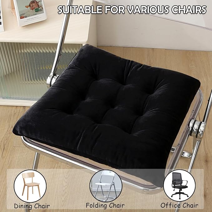 Set of 2 Chair Cushions for Dining Chairs with Ties, Indoor Non-Slip Kitchen Chair Pad and Dining Room Seat Cushion Mat for Office Living Room Outdoor 15.5" - Black - Image 5