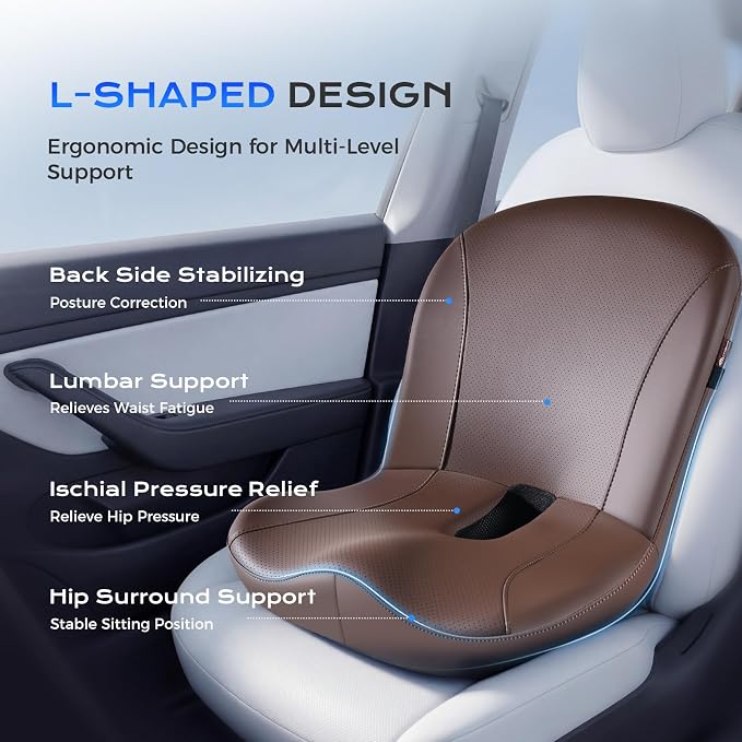 Coverado Car Seat Cushion and Lumbar Support Pillow One Piece, Napa Leather Memory Foam Ergonomic Back Support Driving Seat Cushion for Back Pain, Non-Slip Washable Cushion for Car, Driver, Office - Image 2