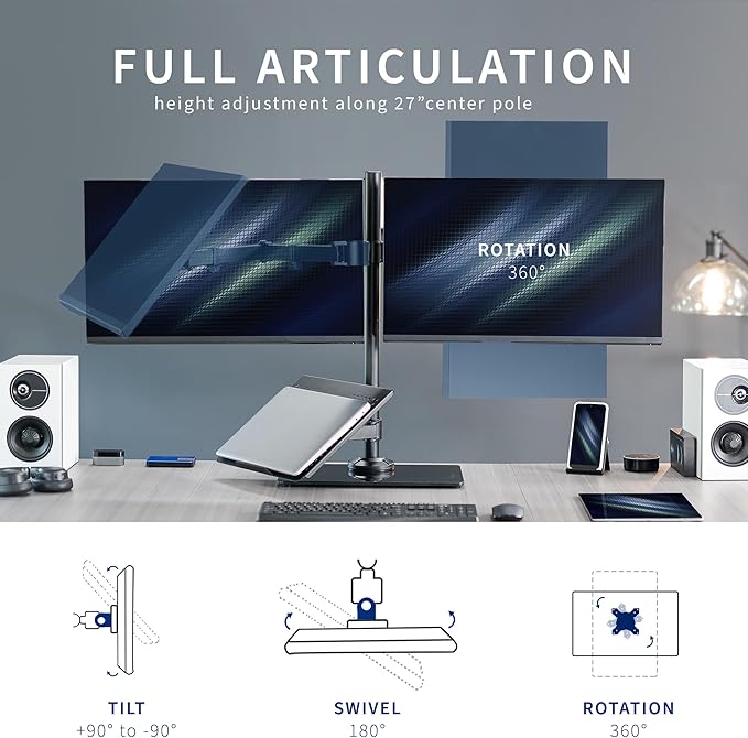 VIVO Freestanding Dual Computer Monitor and Laptop Combo Desk Stand with Glass Base, Fits up to 32 inch Monitors and 17 inch Laptops, Black, STAND-V003FGL - Image 5