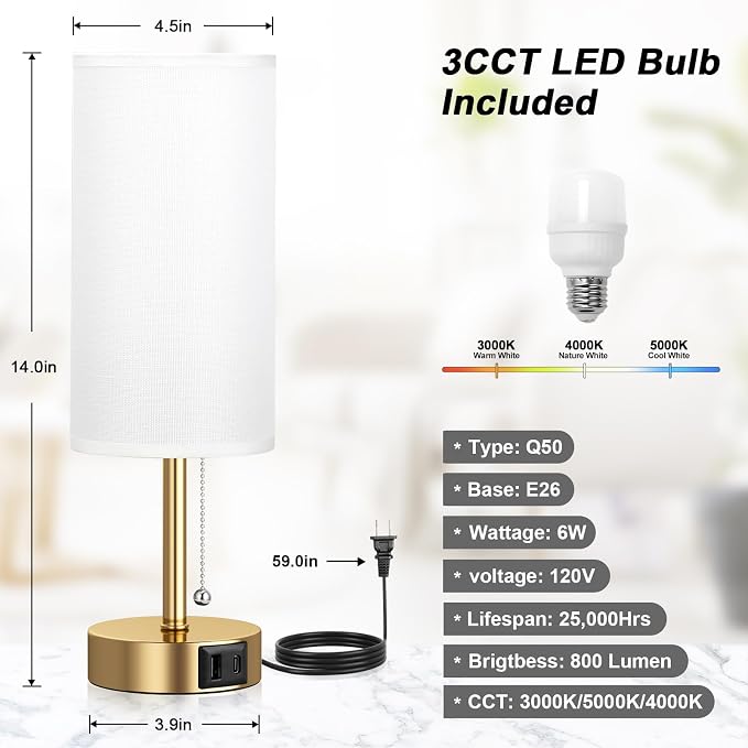 Gold Bedside Lamp for Bedroom Nightstand - Small Table Lamp with USB Ports | USB A+C Ports, 3 Color Temperatures, LED Bulb Included, White Fabric Shade, Gold Brass Metal Base, 14" Tall Desk Lamp - Image 7