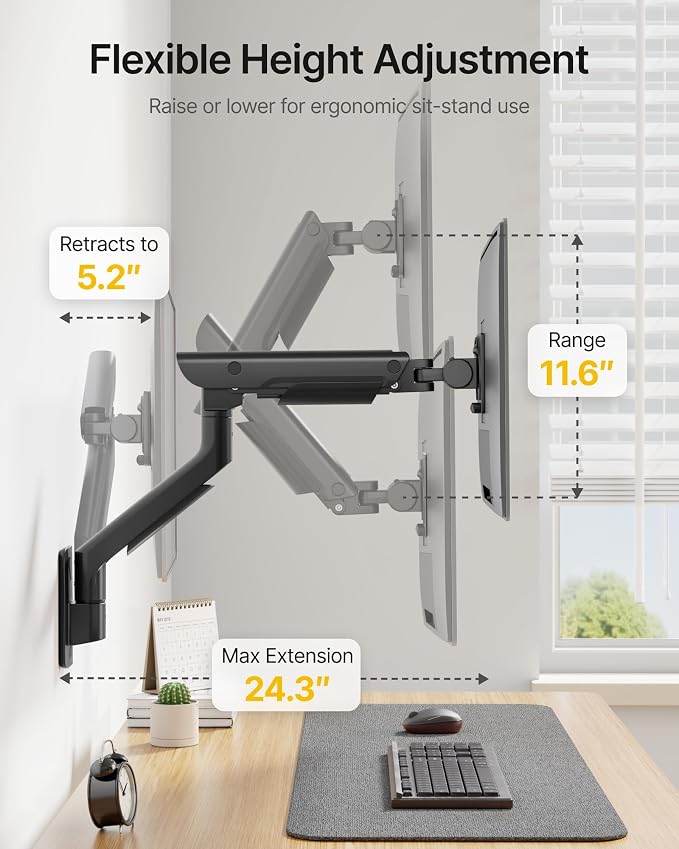 monTEK Monitor Wall Mount for 17-57" Ultrawide, 59.4 lbs, Black | Pneumatic lift, full-motion aluminum arm, quick-release VESA 75/100 plate and cable management for curved or flat screens - Image 6
