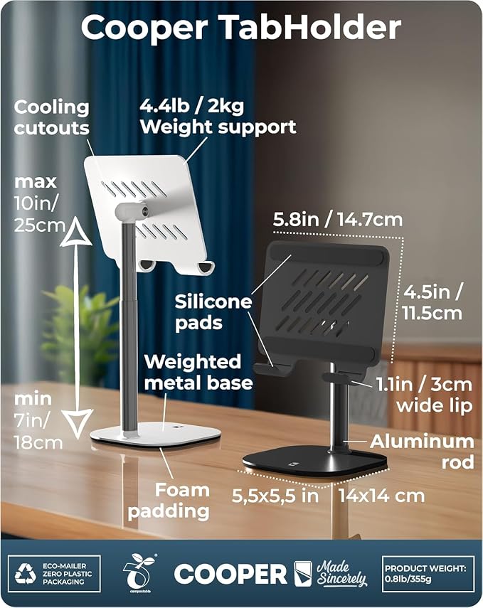 COOPER TabHolder Tablet Holder, iPad Stand for Desk, Portable Monitor Stand | Height Adjustable, 270° Tilt, Weighted Base; Fits iPad Pro, Kindle, Galaxy Tab, 15.6-17" Monitors 4.4 lbs; desk, kitchen, bed - Image 8