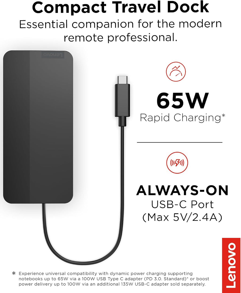 Lenovo USB-C Dual Display Travel Dock - 7 Ports, Integrated Cable, Universal Compatibility, Two displays at 4K - Black - Image 2