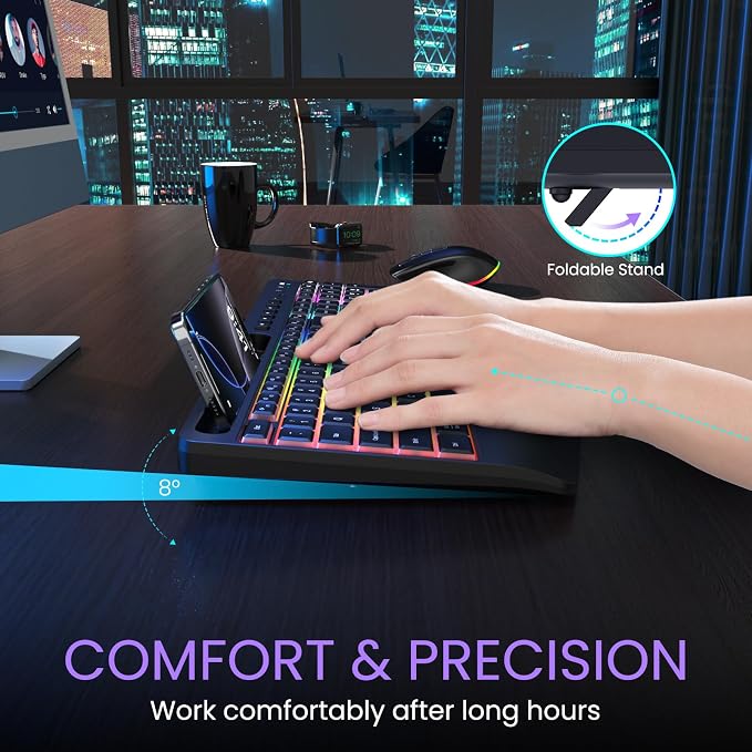 Wireless Keyboard and Mouse Combo- VEILZOR 2.4G Rechargeable Keyboard with Phone Holder, Ergonomic Wrist Rest, 9 RGB Backlit Effects, Silent Keyboard Mouse Set for Windows, Laptop, PC | 2.4G Wireless Light Up Keyboard Set, Phone Holder, Wrist Rest, 9 R... - Image 3