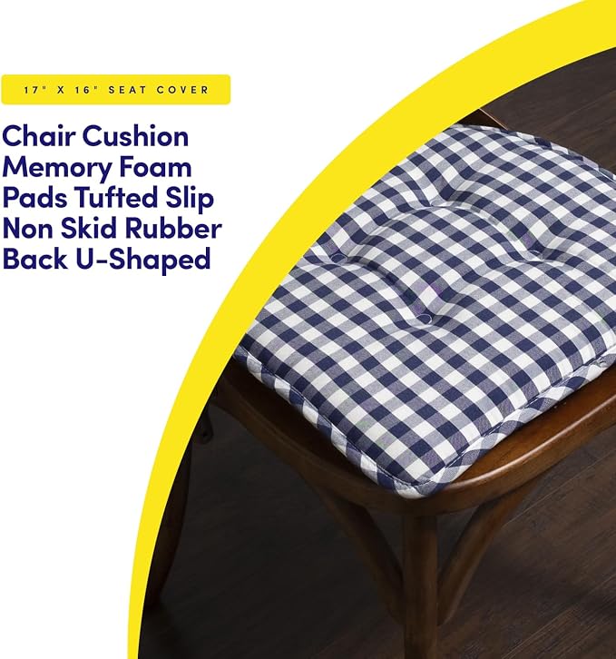 Sweet Home Collection Chair Cushion Memory Foam Pads Tufted Slip Non Skid Rubber Back U-Shaped 17" x 16" Seat Cover, 2 Count (Pack of 1), Checkered Navy/White - Image 3