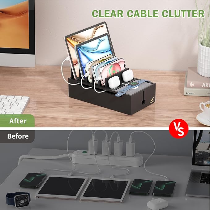 Pezin & Hulin Bamboo Cable Management Box, No Power Adapter -Black | Wire Organizers for Cords, Charge Station Box, Desktop Dock Organizer Rack for Electronic Device (Include 6 Cables) - Image 3