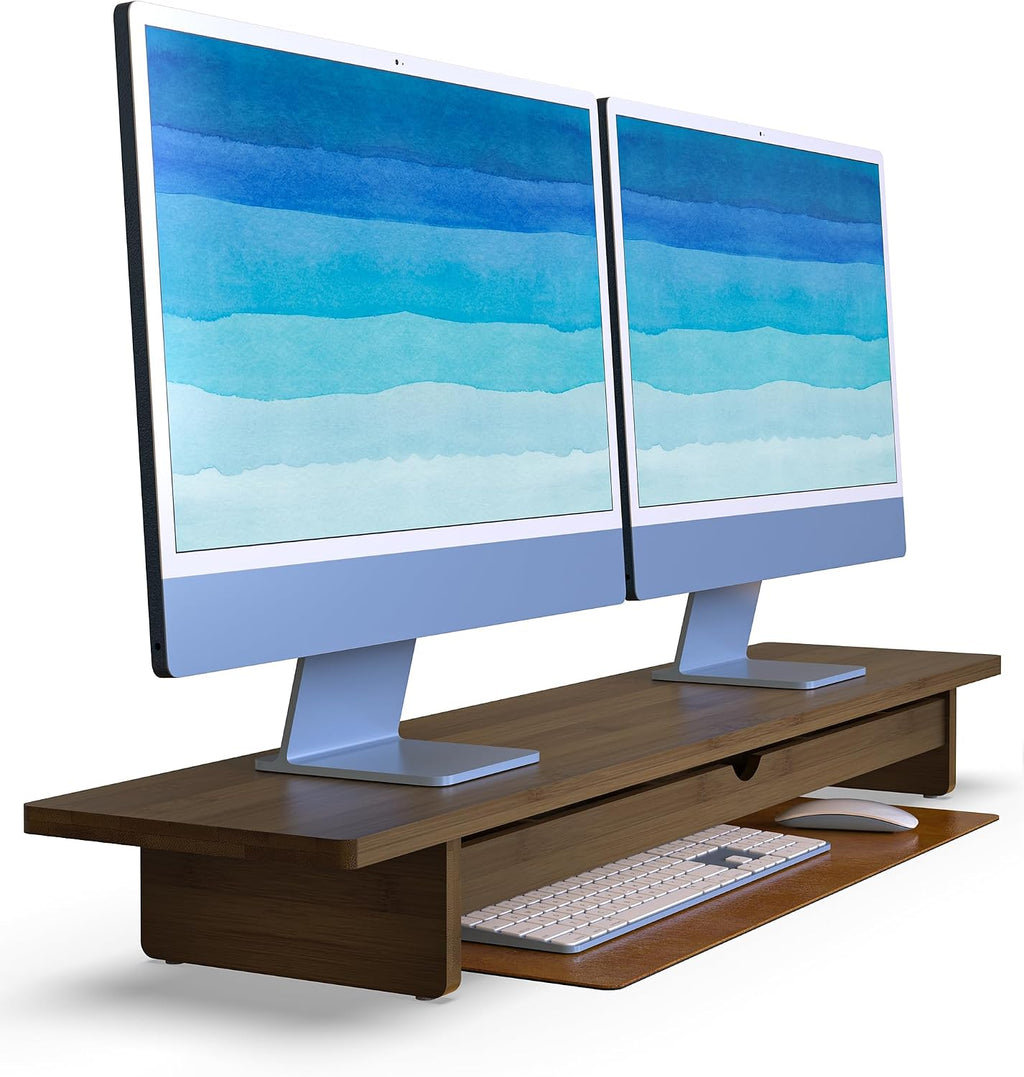 Dual Monitor Stand Riser with Drawer,Wood Desk Storage Shelf by WELL WENG