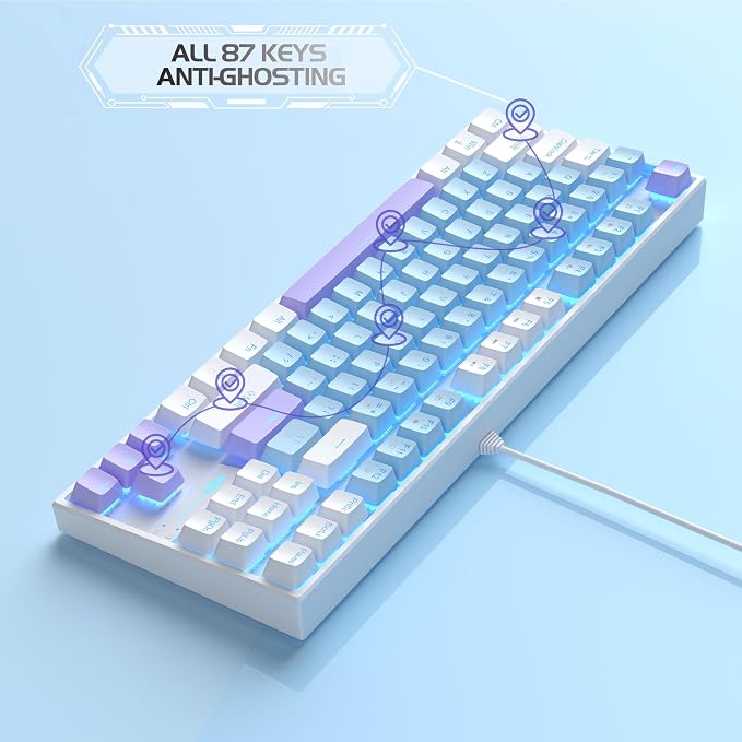 MageGee 75% Mechanical Gaming Keyboard, Blue Switch, LED Blue Backlit, 87 Keys Compact TKL Wired Keyboards for Windows Laptop PC Gamer - Blue/White - Image 5
