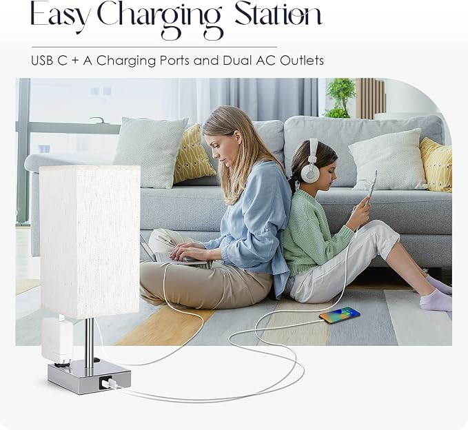Bedside Lamp with USB Ports - Touch Control Table Lamp for Bedroom with USB C+A Charging Ports & AC Outlets, 3 Way Dimmable Nightstand Light for Living Room (LED Bulb Included, Chrome - Flaxen) - Image 6