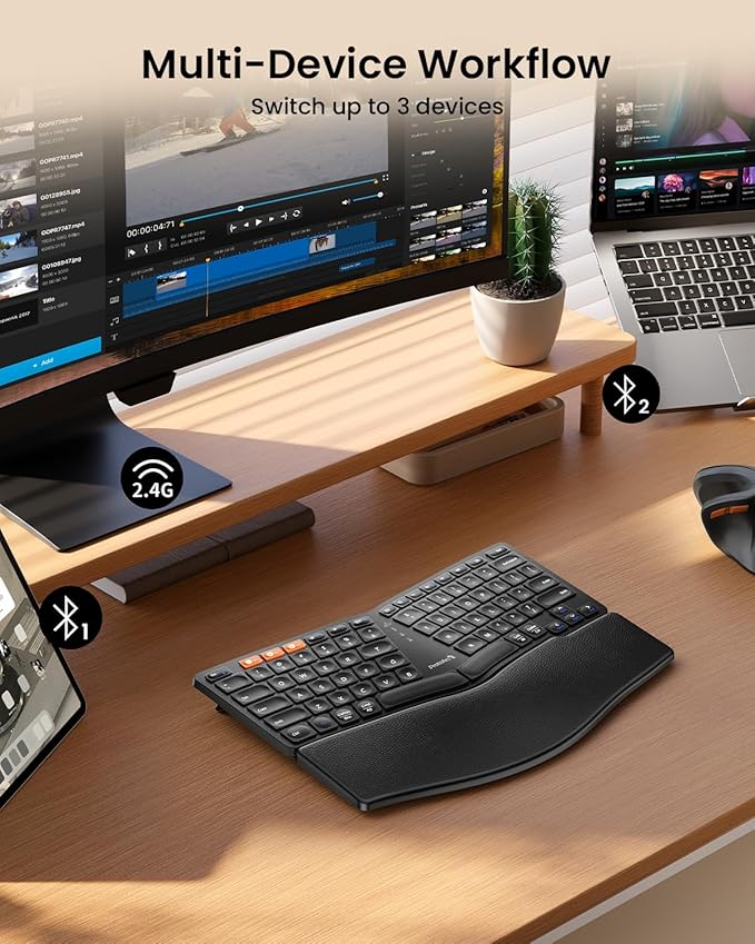 ProtoArc EK04 Mini Compact Wireless Ergonomic Keyboard - Black | Hard Palm Rest, 3-Device Bluetooth/2.4G, Split Design, Rechargeable, Compatible with Windows, Mac OS - Image 5