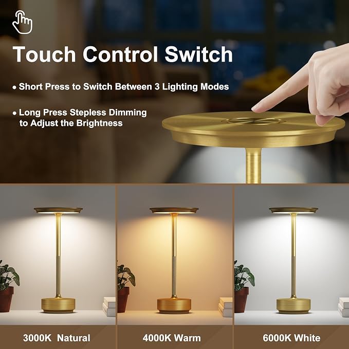 1 Pack Cordless Table Lamps Rechargeable, 5000mAh LED Table Light | Portable 3 Color Stepless Dimming Battery Powered Table Lamp with Memory Function for Restaurant/Home/Outdoor.(Brushed Gold) - Image 2