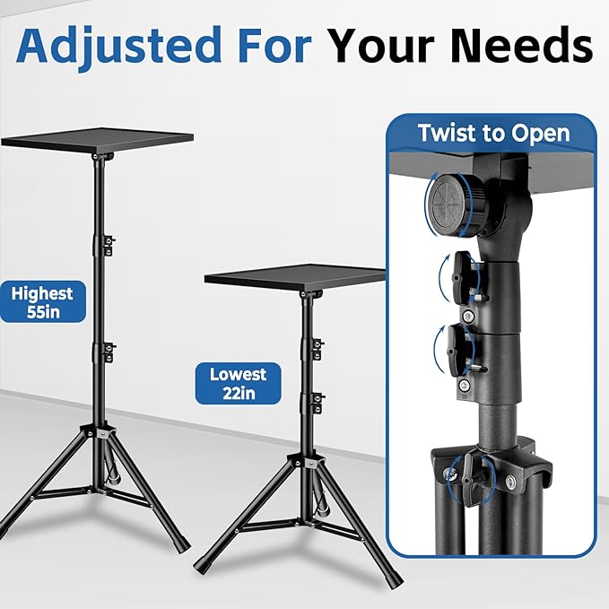 Projector Stand, 33LB Load Bearing & 22-55" Height Adjustable, for Projector/Laptop/DJ Gear, Outdoor/Office/Studio - Stable Base (Black) - Image 3