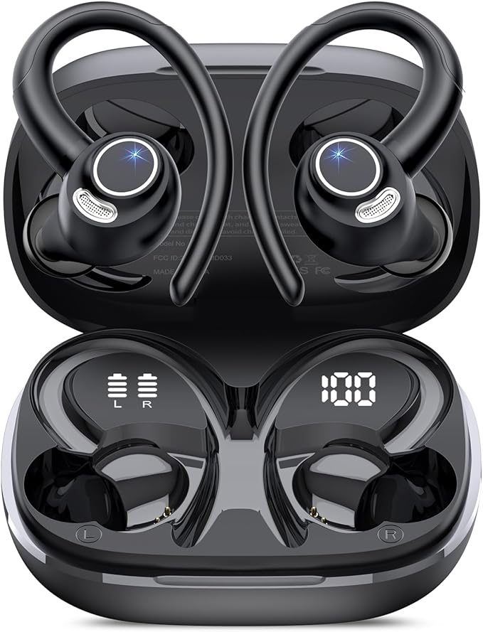 Wireless Earbuds, Bluetooth 5.4 Headphones Sport Over Ear Buds With ENC Mic | Noise Cancelling, 48H, Wireless Earphone With Earhooks, Stereo Deep Bass, IP7 Waterproof ear bud for Workout Running, Black by Jesebang