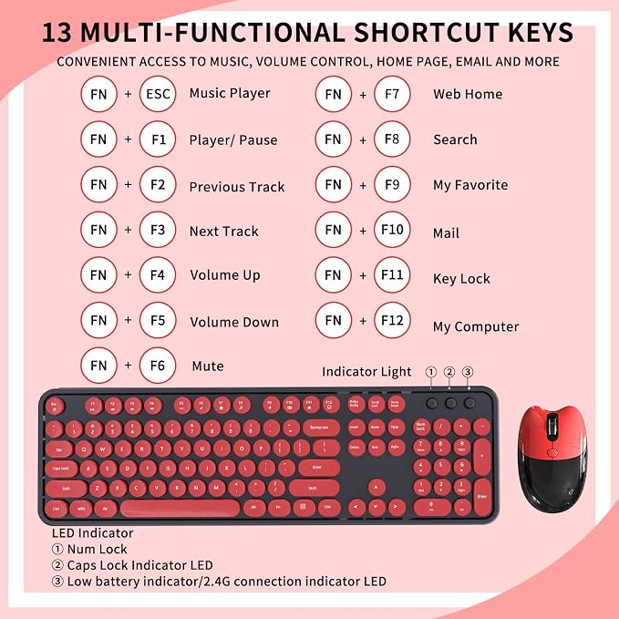 Wireless Keyboard Mouse Combo, 104 Keys Cute Colorful Typewriter Black Red | Full Size With Number Pad & Mouse,1600DPI,Compatible With All Windows,Ideal For Computer, PC, Notebook, Laptop - Image 8