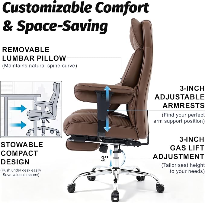 Efomao Executive Office Chair 400lbs,Brown Big and Tall Desk Chair | Mattress-grade pocket spring cushion, sleek leather, 135° recline & footrest for computer gaming setup. - Image 6