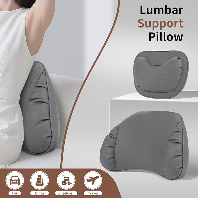 Memory Foam Lumbar Support Pillow for Car Seat, Gray, 1 Pack | Leather Lumbar Pillow for Lower Back Pain Relief - Back Cushion for Driving - Chair Support for Office Chair, Gaming Chair - Image 8