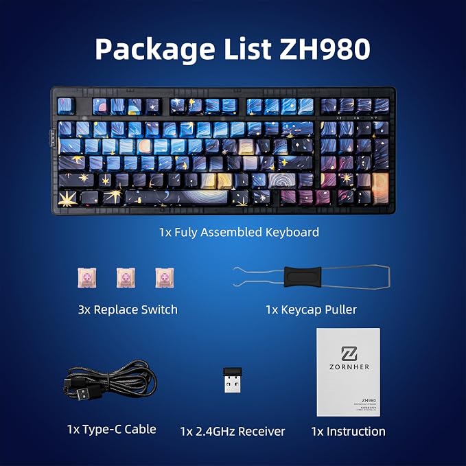 ZORNHER ZH980 Mechanical Keyboard,95% Blue Creamy Keyboard with Number Pad,Van Gogh's Starry Night Dye Sublimation PBT Keycaps,Creamy Sounding Linear Switches,Hot-Swappable,RGB Backlit - Image 8