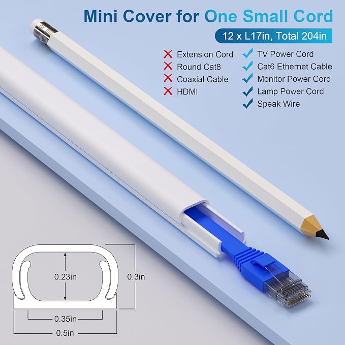ZhiYo 204" White Cord Cover for 1 Wire, Mini Size, 0.5" W x 0.3" H | Fits 1 Cat6 Cable, Ideal for Door Frame Corners, Low-Profile Design Blends In, 12 Pack (17" Each), Self-Adhesive, Paintable - Image 2