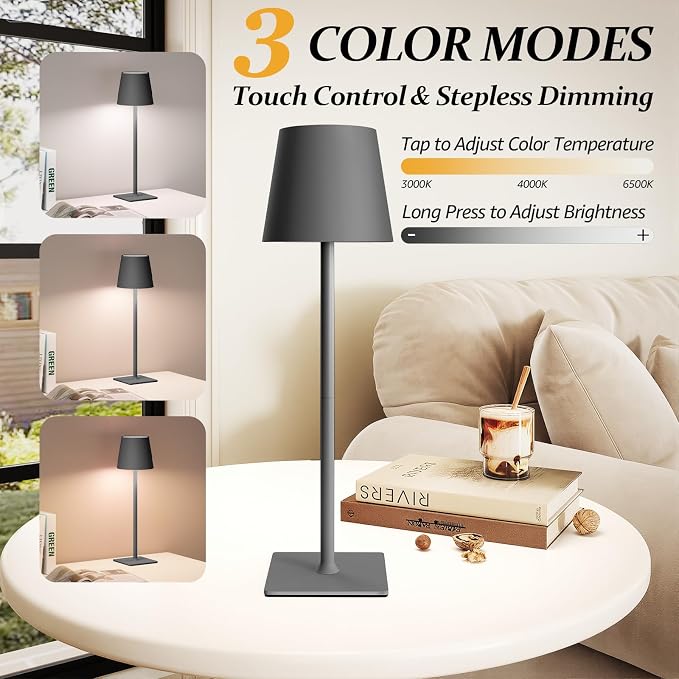 CHLORANTHUS 2 Pack Cordless Table Lamps, 3 Colors Stepless Dimming, 5000mAh Rechargeable Battery LED Desk Lamp for Bedroom/Couple Dinner/Desk/Cafe/Dining Room/Terrace - Image 2