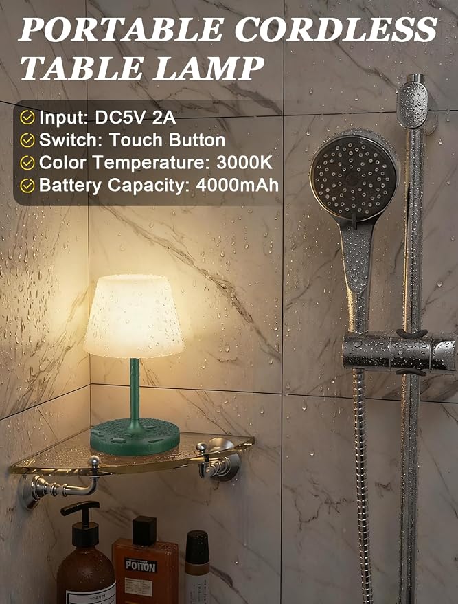 Kakanuo Green Cordless Shower Lamp Waterproof, Rechargeable Cordless Lamp with 4000mAh Battery, Touch Dimmable Table Lamp for Outdoor, Kitchen, Bathroom, Camping, Patio, IP54 - Image 4