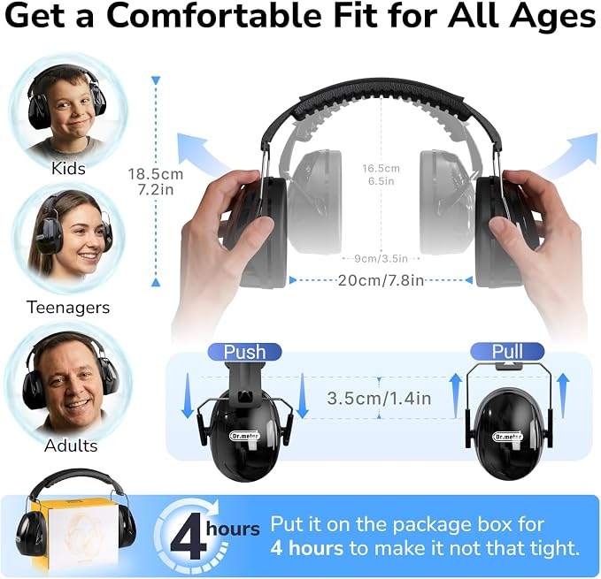 Dr.meter Hearing Protection Ear Muffs, 31dB Noise Reduction Safety Earmuffs with Adjustable Headband for Adults Kids Autism Sensory, Ear Muff for Yard Work, Mowing or Hunting -Pure Black 2PACK - Image 9