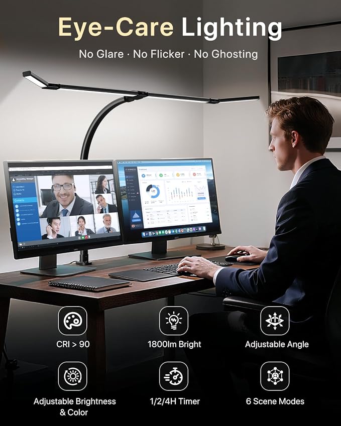 ONEMIX LED Desk Lamp with Clamp, 42-Inch 4-Panel Light for Dual Monitors | 1800 Lumens, 4 Adjustable Panels, 5 Color Temps, 5 Brightness Levels, Remote, Timer, Flicker-Free for Home Office - Image 6